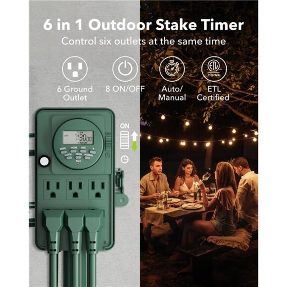 7 Day Heavy Duty Outdoor Digital Stake Timer, 6 Outlets, Weatherproof - Picture 4 of 7